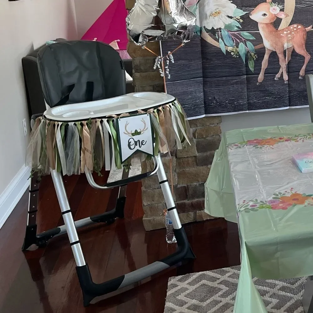Woodland First Birthday Decorations ONE high chair banner and gold sparkly crown